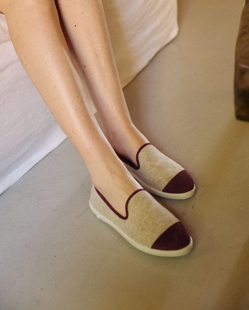 Chausson femme Bruson, laine beige bordeaux