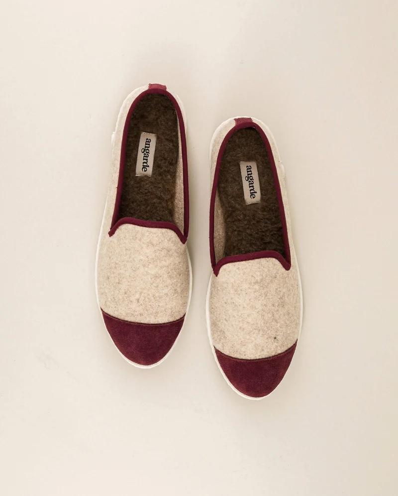 Chausson femme Bruson, laine beige bordeaux