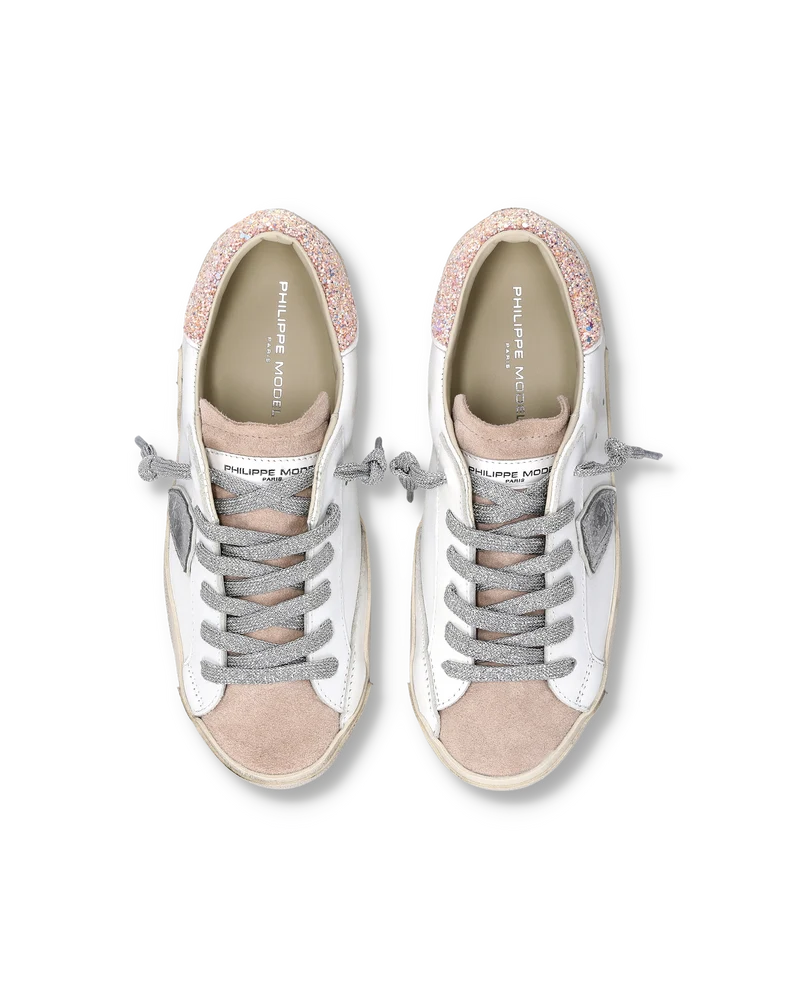 Sneakers Prsx Women with Glitter heel tab, White Pink Silver