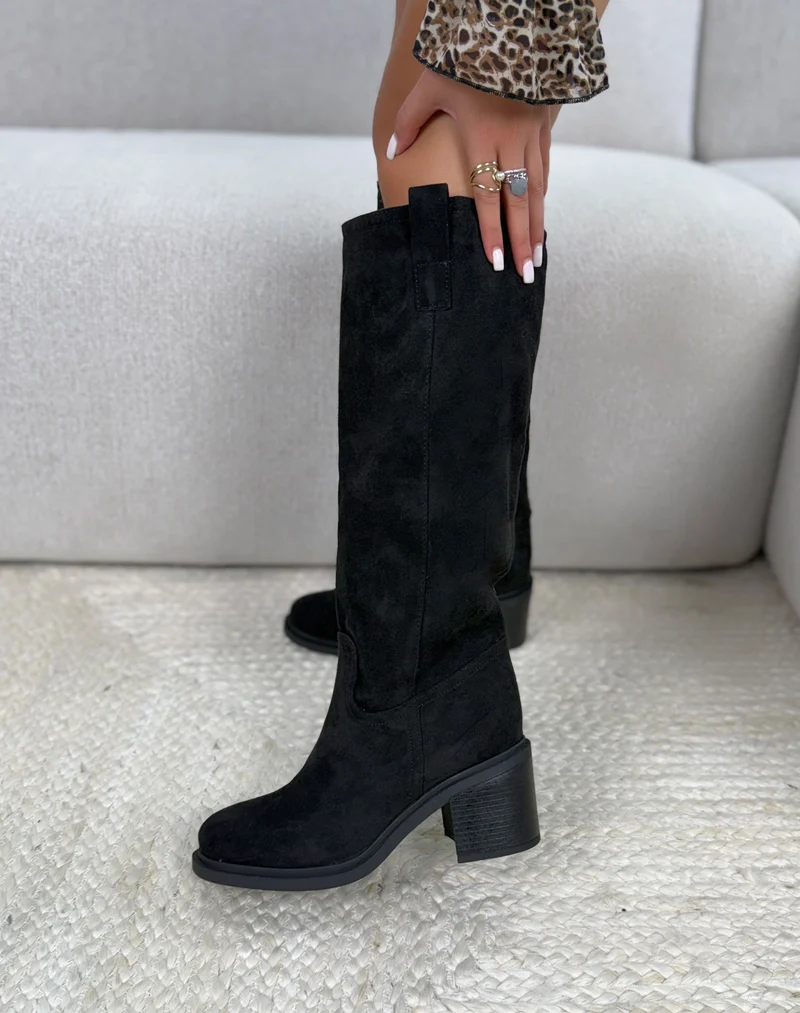 Bottes femme noires élégantes en suédine à talon épais