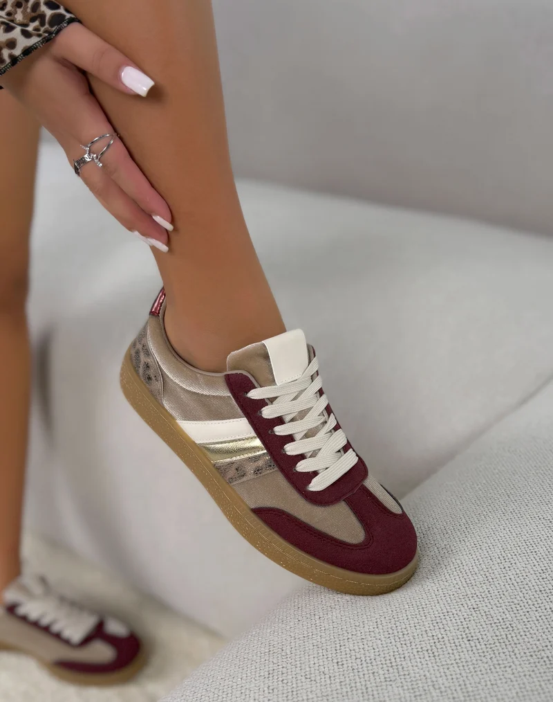Basket femme bordeaux et beige tendance à bandes dorées effet animal