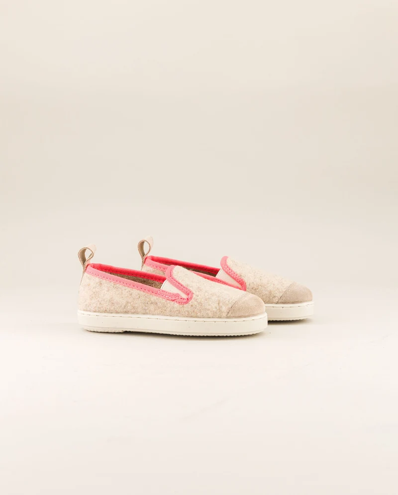 Chausson enfant Bruson, laine beige rose fluo