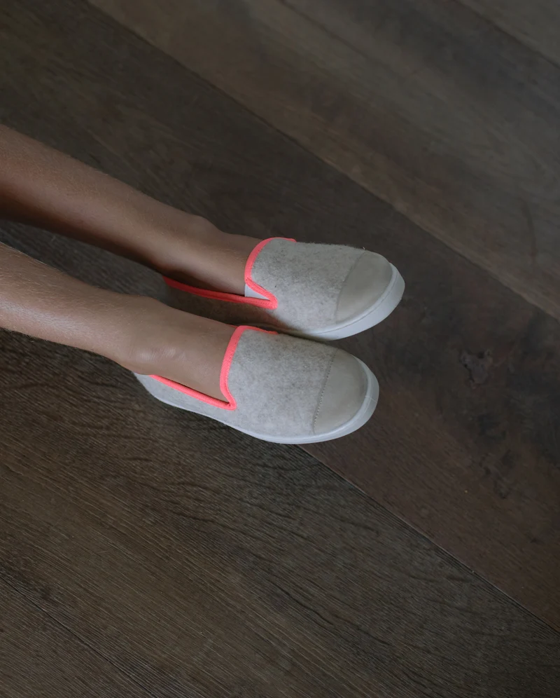 Chausson enfant Bruson, laine beige rose fluo