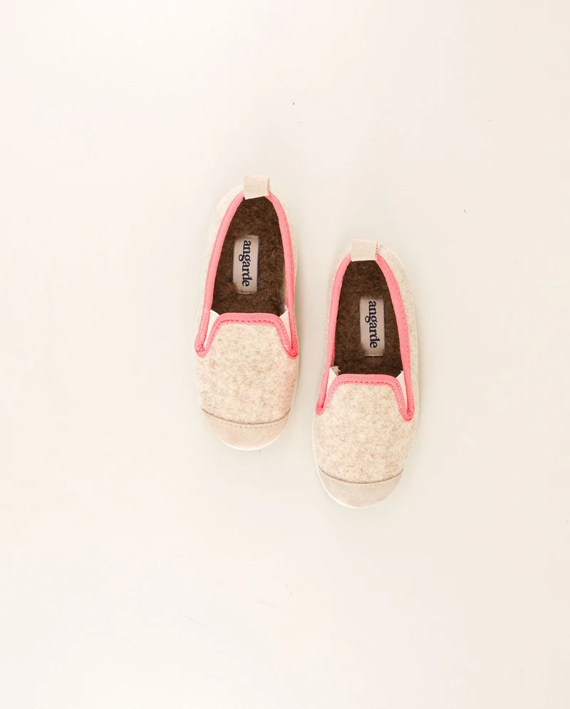 Chausson enfant Bruson, laine beige rose fluo