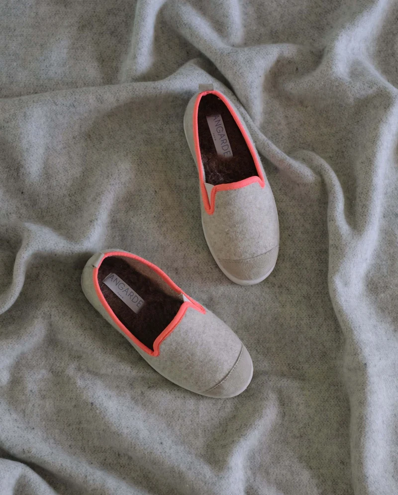 Chausson enfant Bruson, laine beige rose fluo