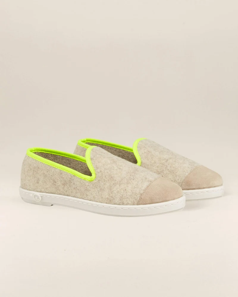 Chausson femme Bruson, laine beige jaune fluo