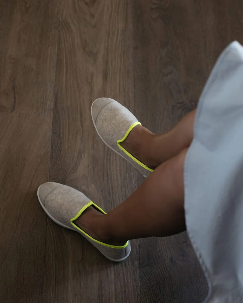 Chausson femme Bruson, laine beige jaune fluo