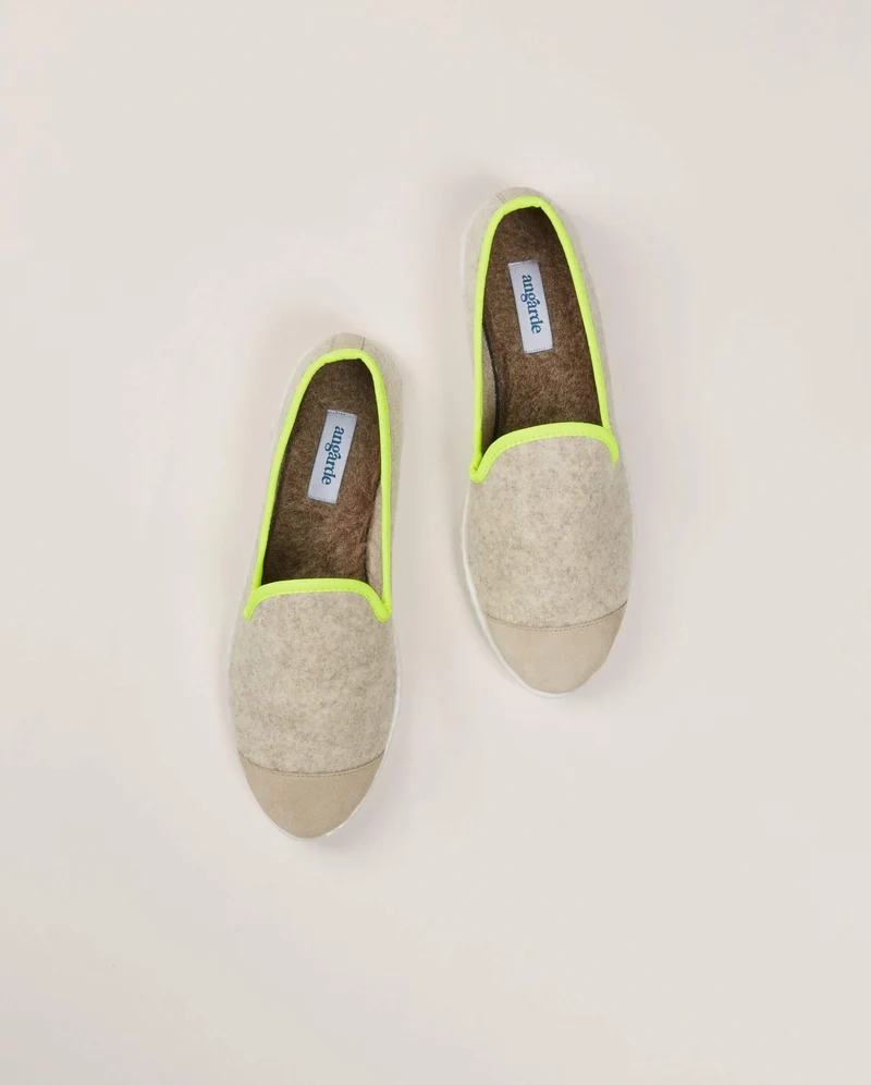 Chausson femme Bruson, laine beige jaune fluo