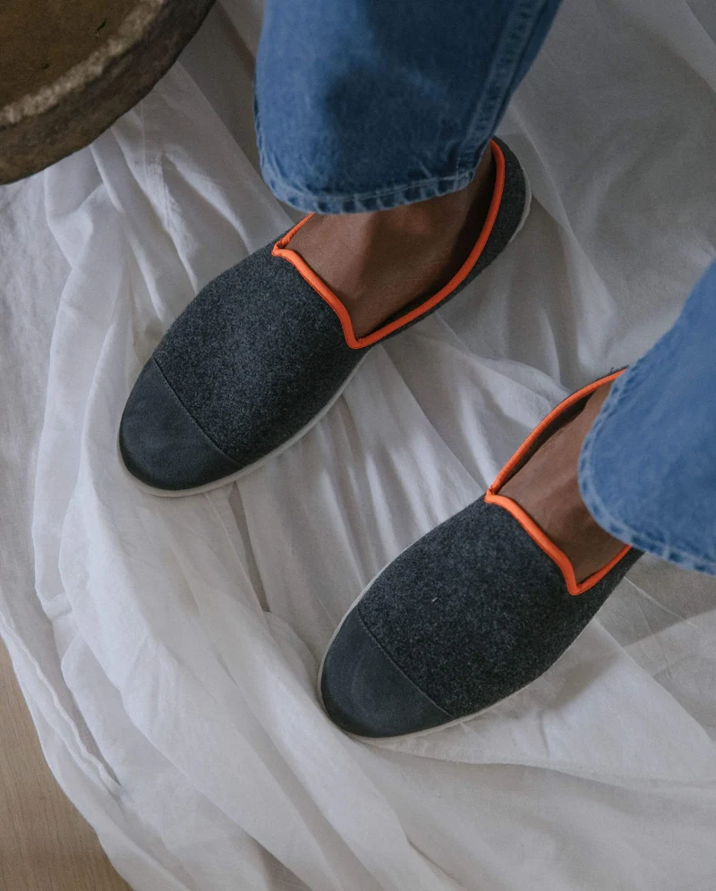 Chausson homme Bruson, laine gris orange fluo