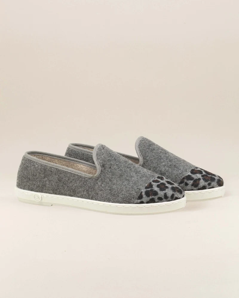 Chausson femme Bruson, laine gris léopard