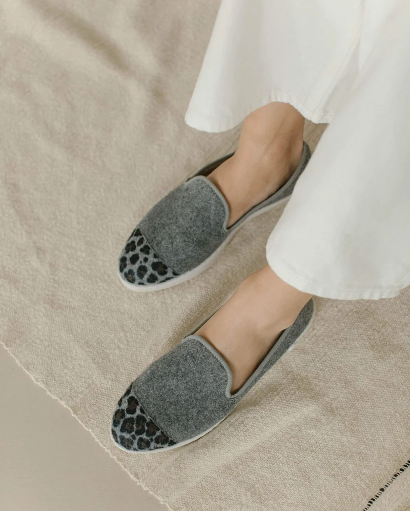 Chausson femme Bruson, laine gris léopard