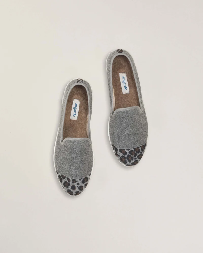 Chausson femme Bruson, laine gris léopard