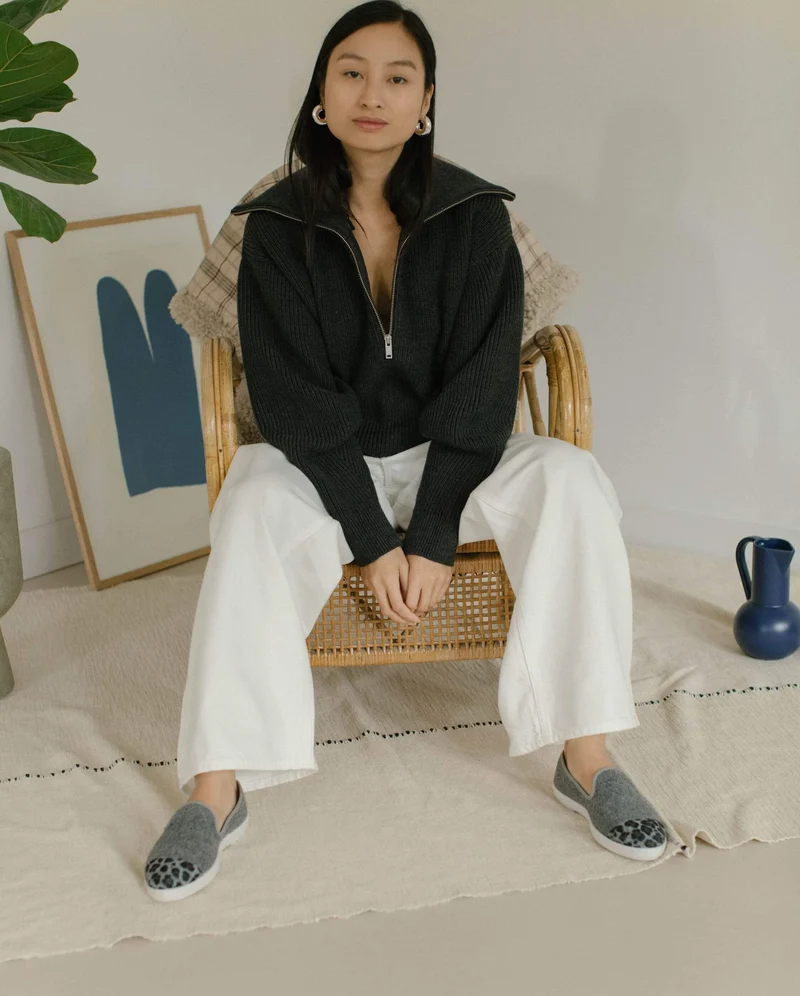 Chausson femme Bruson, laine gris léopard