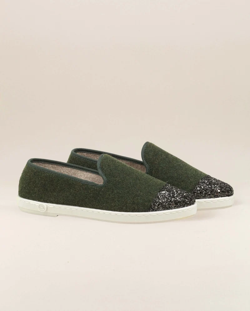 Chausson femme Bruson, laine vert paillettes