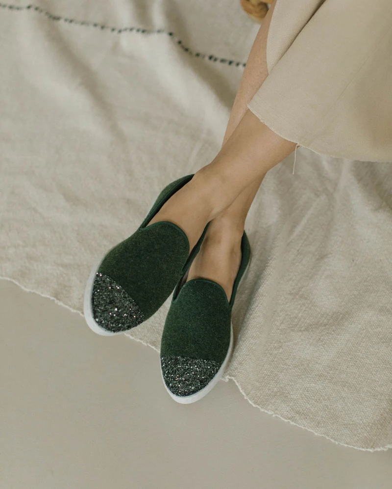 Chausson femme Bruson, laine vert paillettes