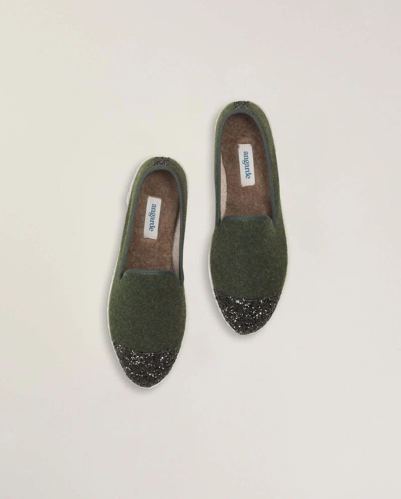 Chausson femme Bruson, laine vert paillettes