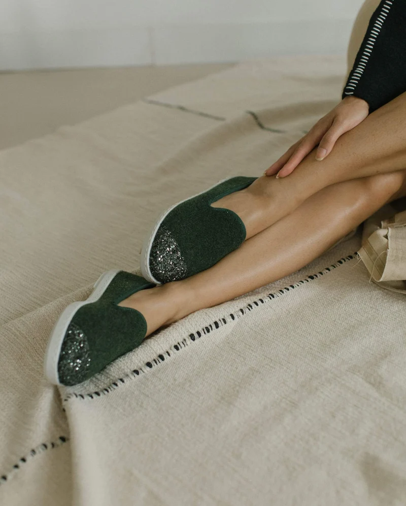 Chausson femme Bruson, laine vert paillettes
