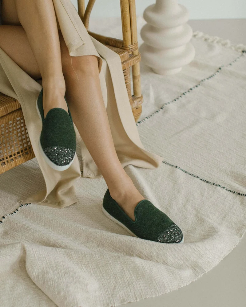 Chausson femme Bruson, laine vert paillettes
