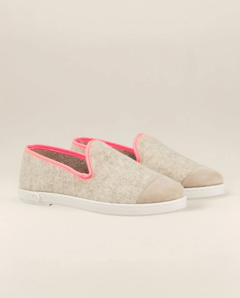 Chausson femme Bruson, laine beige rose fluo