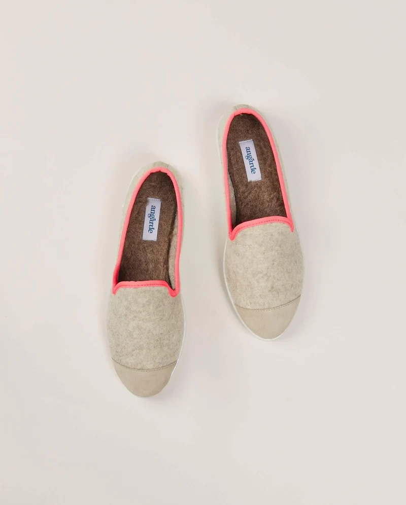 Chausson femme Bruson, laine beige rose fluo
