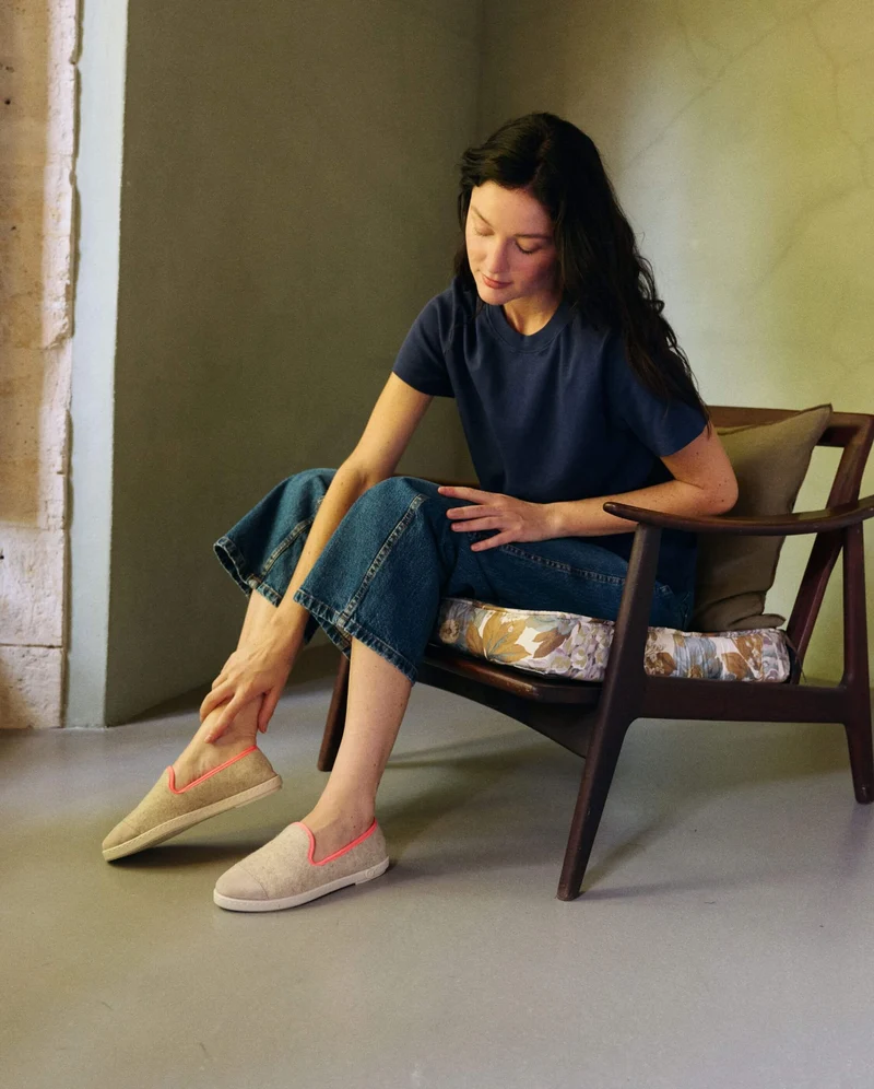 Chausson femme Bruson, laine beige rose fluo