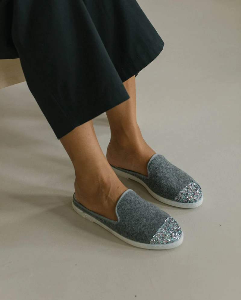 Mule femme Aime, laine gris paillettes