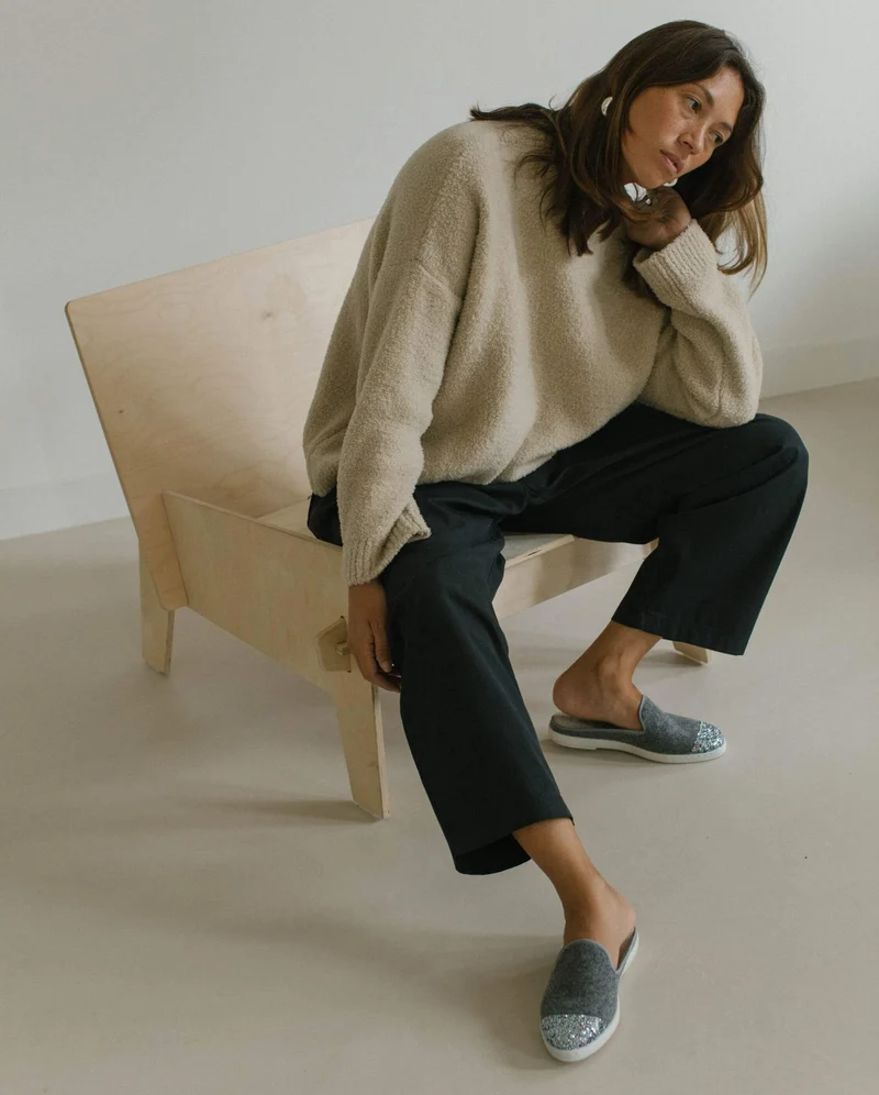 Mule femme Aime, laine gris paillettes