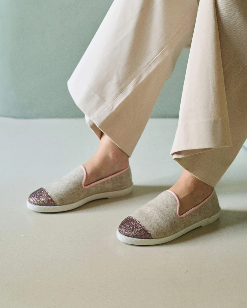 Chausson femme Bruson, laine beige paillettes multicolores