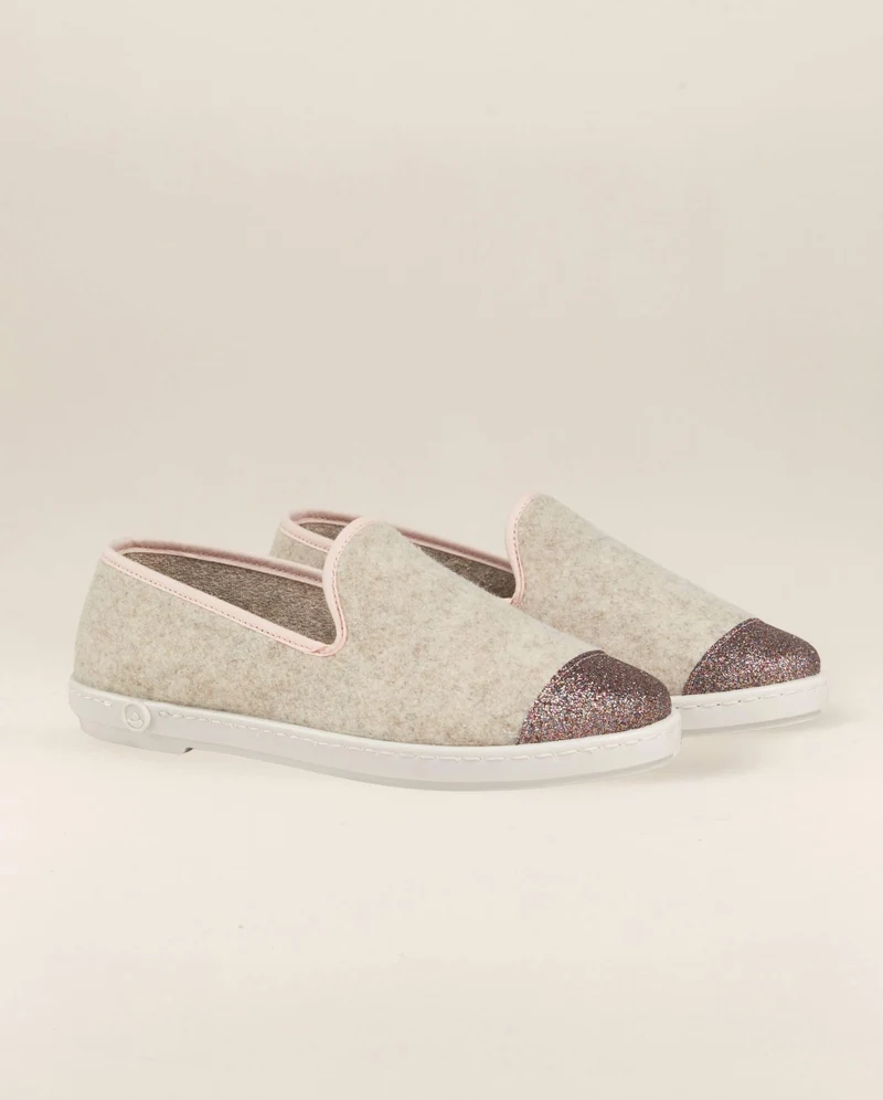 Chausson femme Bruson, laine beige paillettes multicolores
