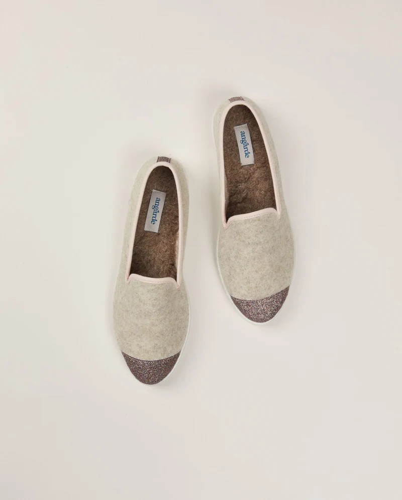 Chausson femme Bruson, laine beige paillettes multicolores
