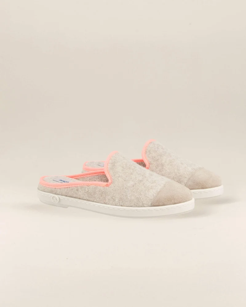 Mule femme Aime, laine beige rose fluo