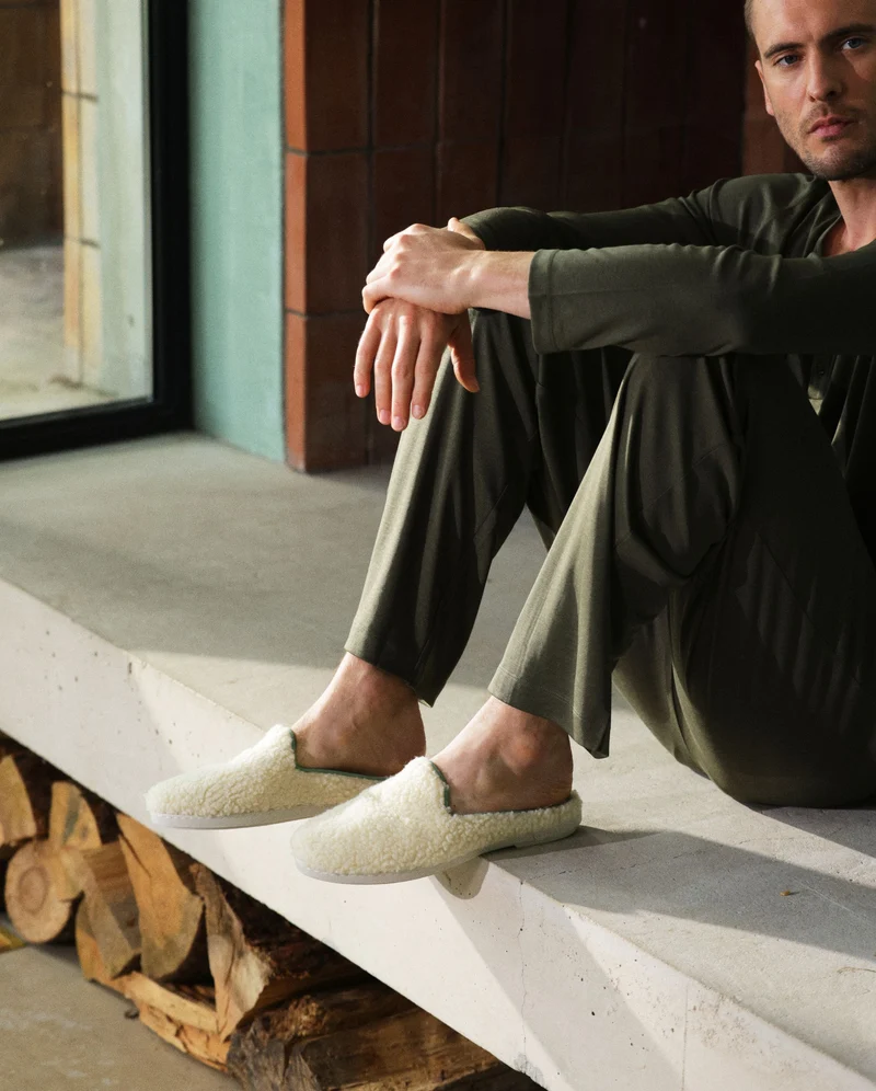 Mule homme Aime, bouclette de laine sauge
