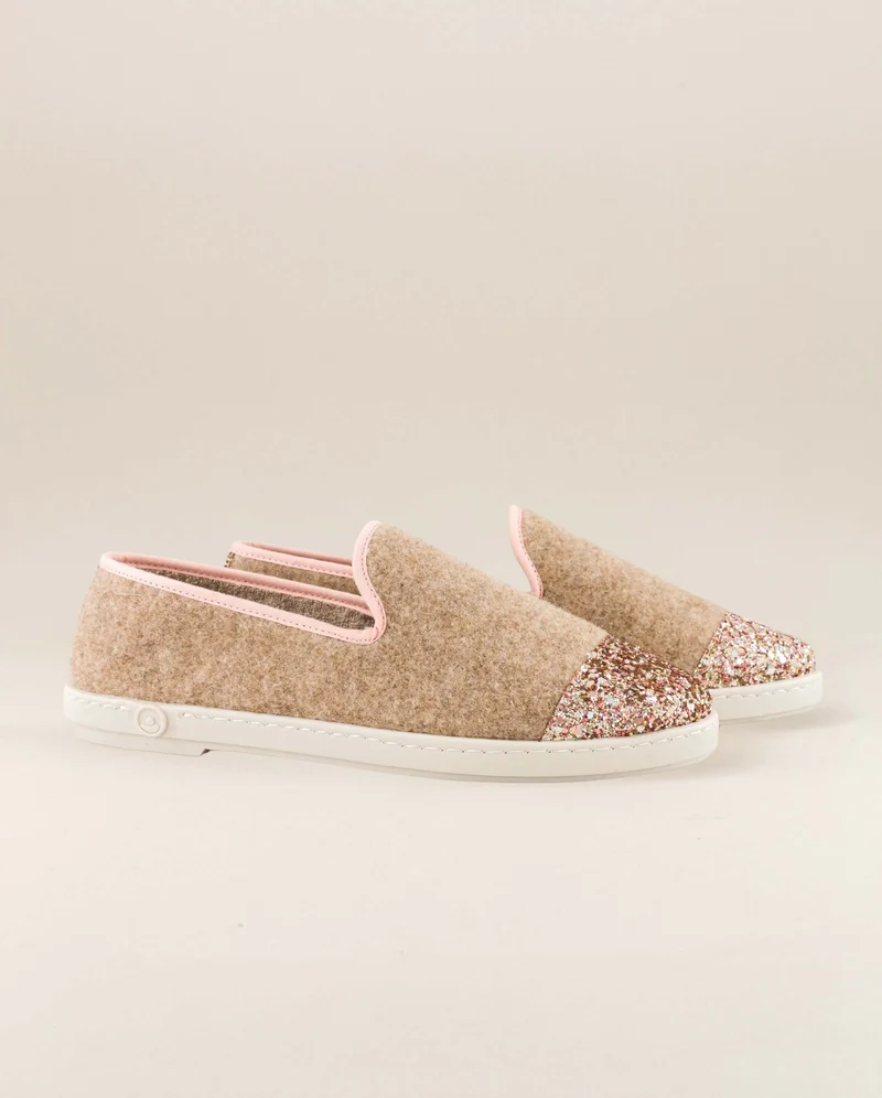 Chausson femme Bruson, laine sable paillettes