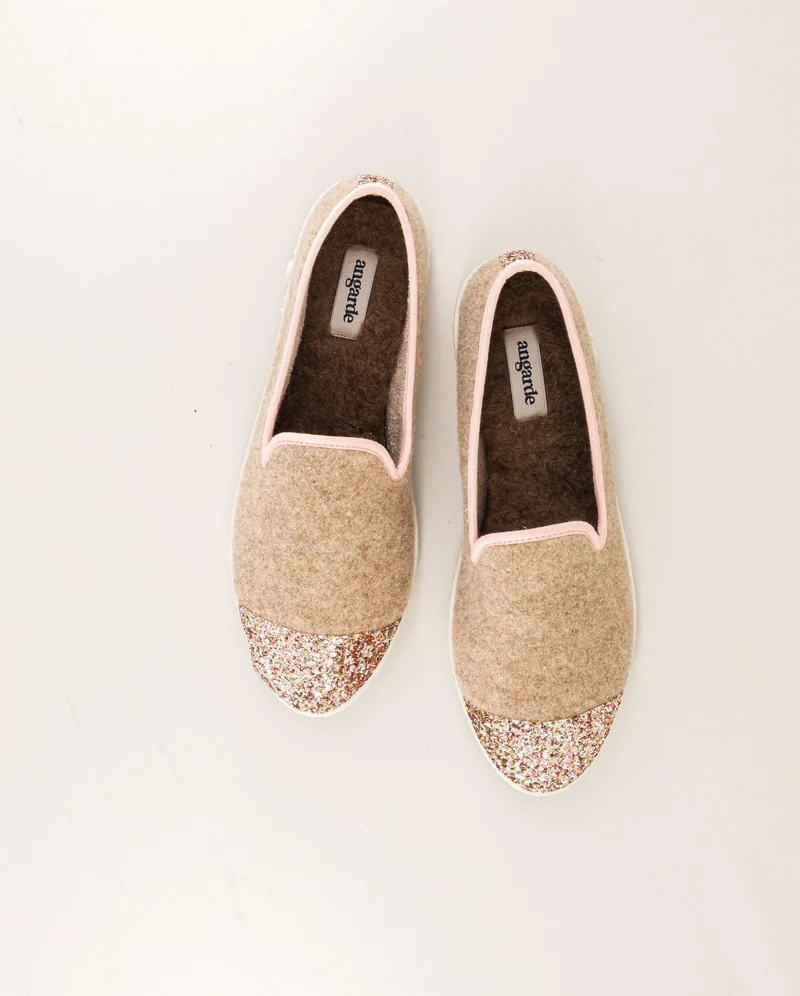 Chausson femme Bruson, laine sable paillettes