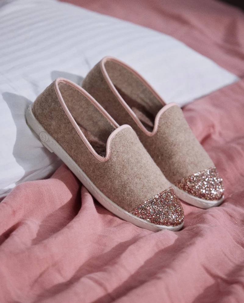 Chausson femme Bruson, laine sable paillettes