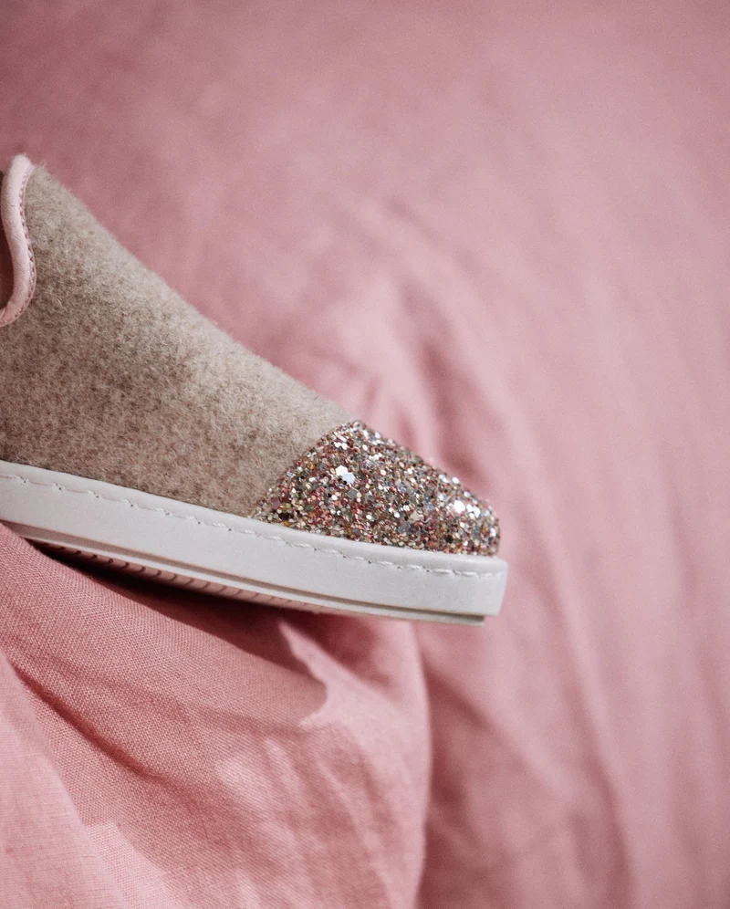 Chausson femme Bruson, laine sable paillettes