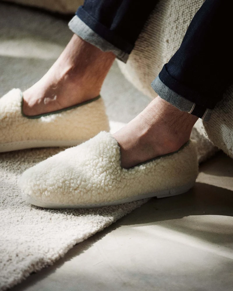 Chausson homme Bruson, bouclette de laine sauge