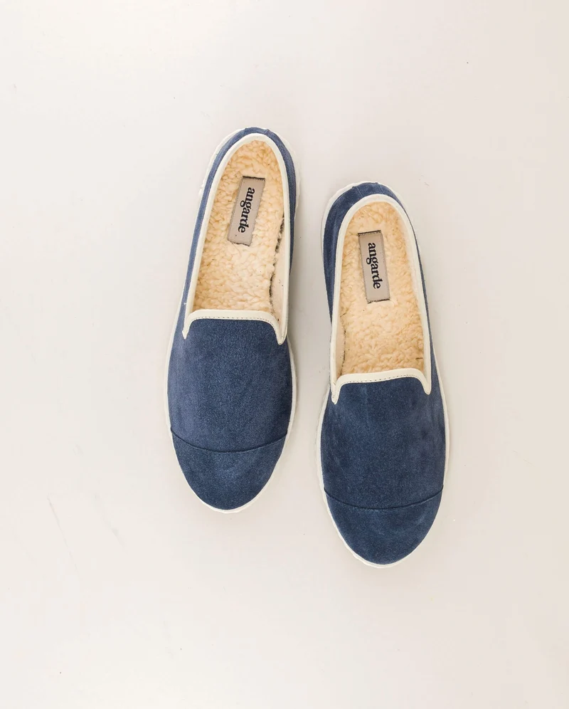 Chausson femme Bruson, cuir bleu jean