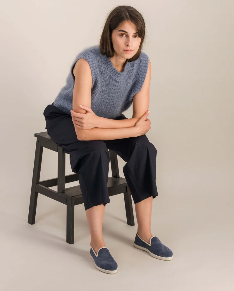 Chausson femme Bruson, cuir bleu jean