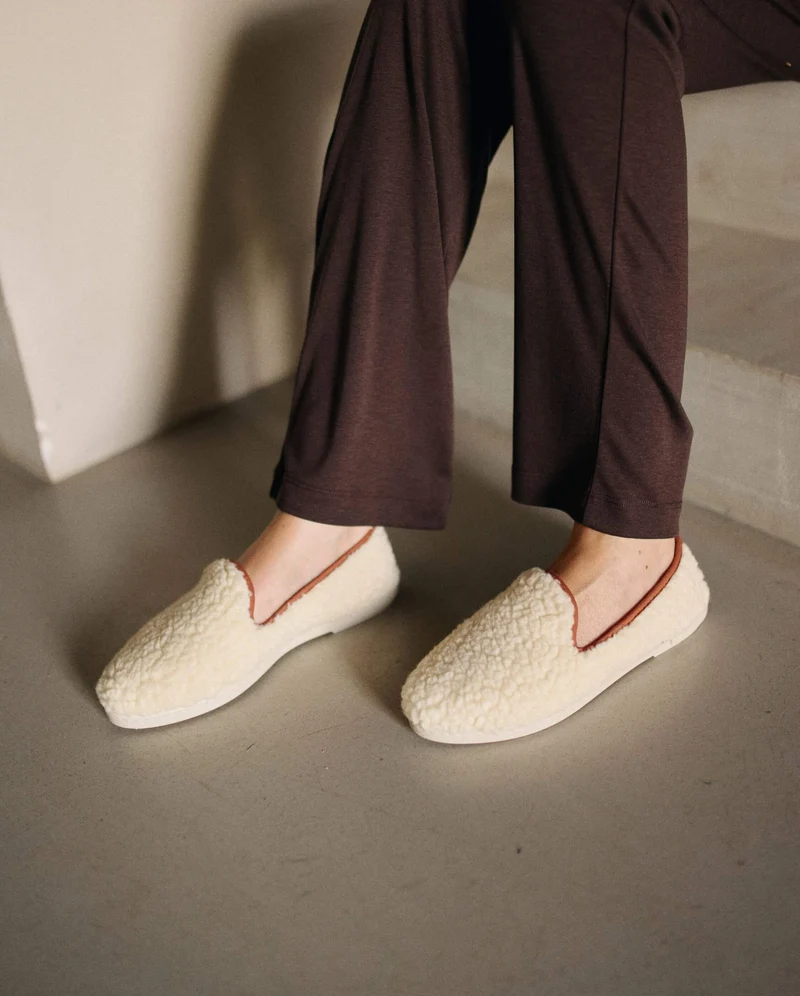 Chausson femme Bruson, bouclette de laine camel