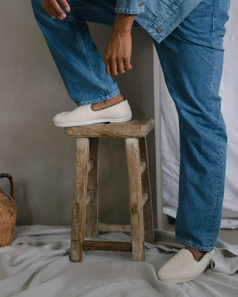 Chausson homme Bruson, bouclette de laine kaki