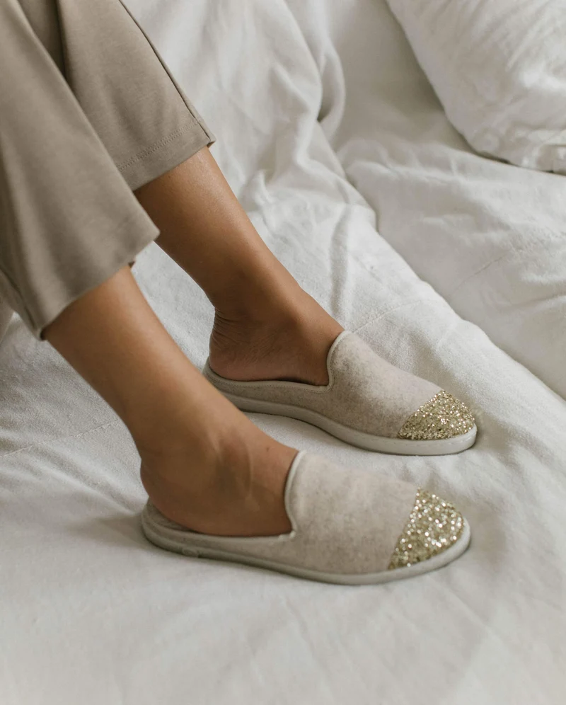 Mule femme Aime, laine beige paillettes