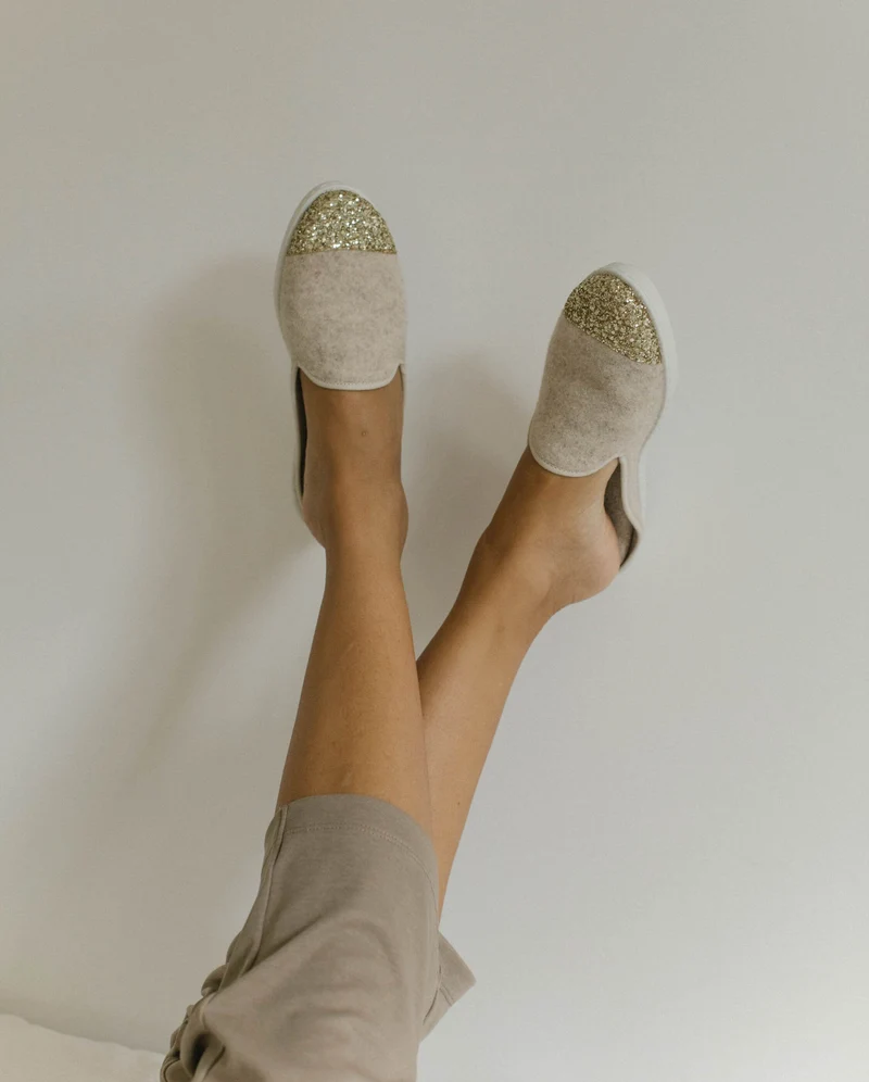 Mule femme Aime, laine beige paillettes