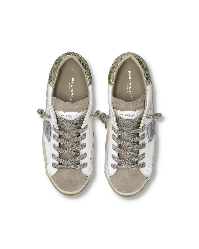 Sneakers Prsx Women with Glitter heel tab, White Gold