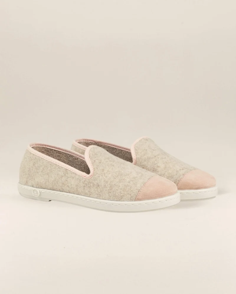 Chausson femme Bruson, laine beige rose poudré