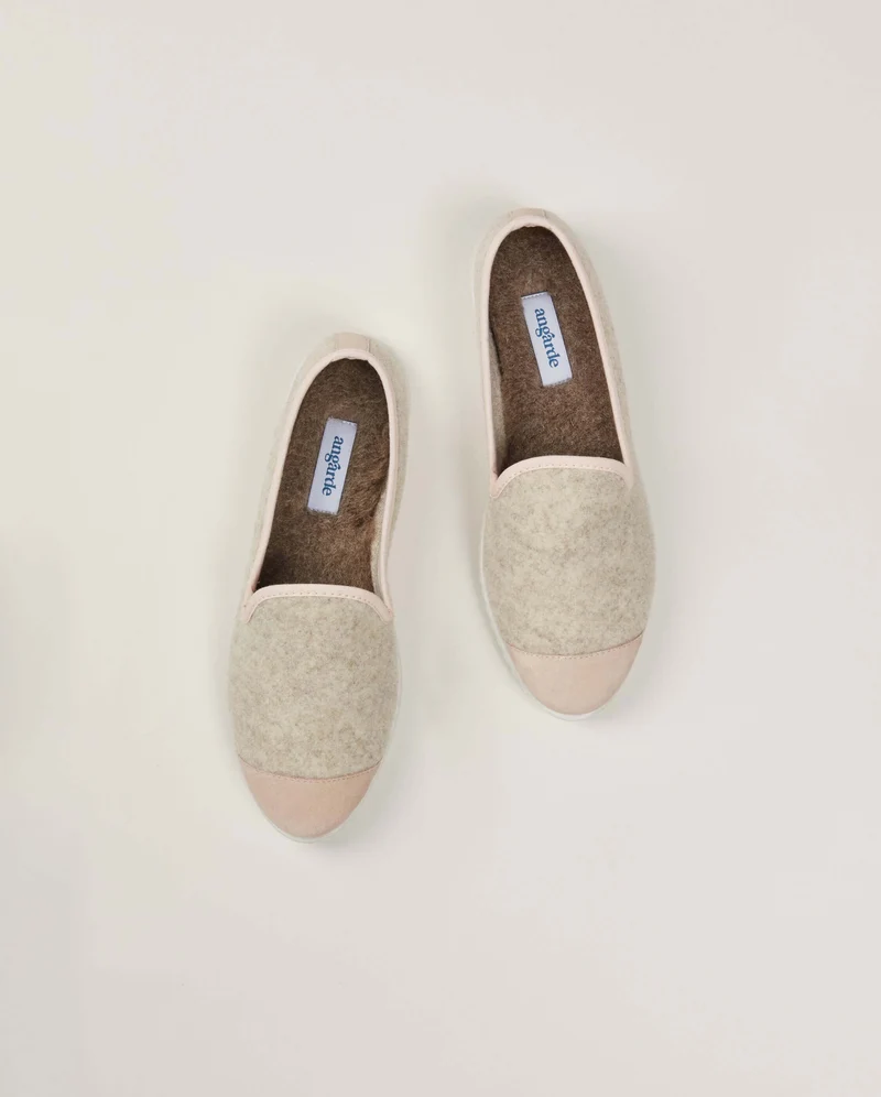 Chausson femme Bruson, laine beige rose poudré