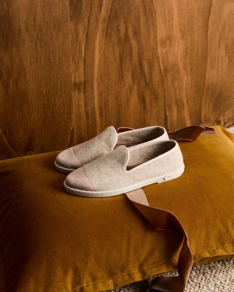 Chausson femme Bruson, laine beige rose poudré