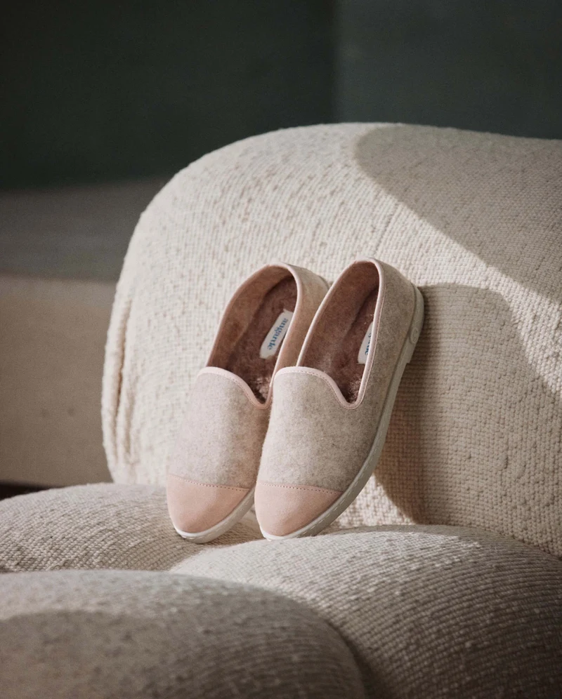 Chausson femme Bruson, laine beige rose poudré