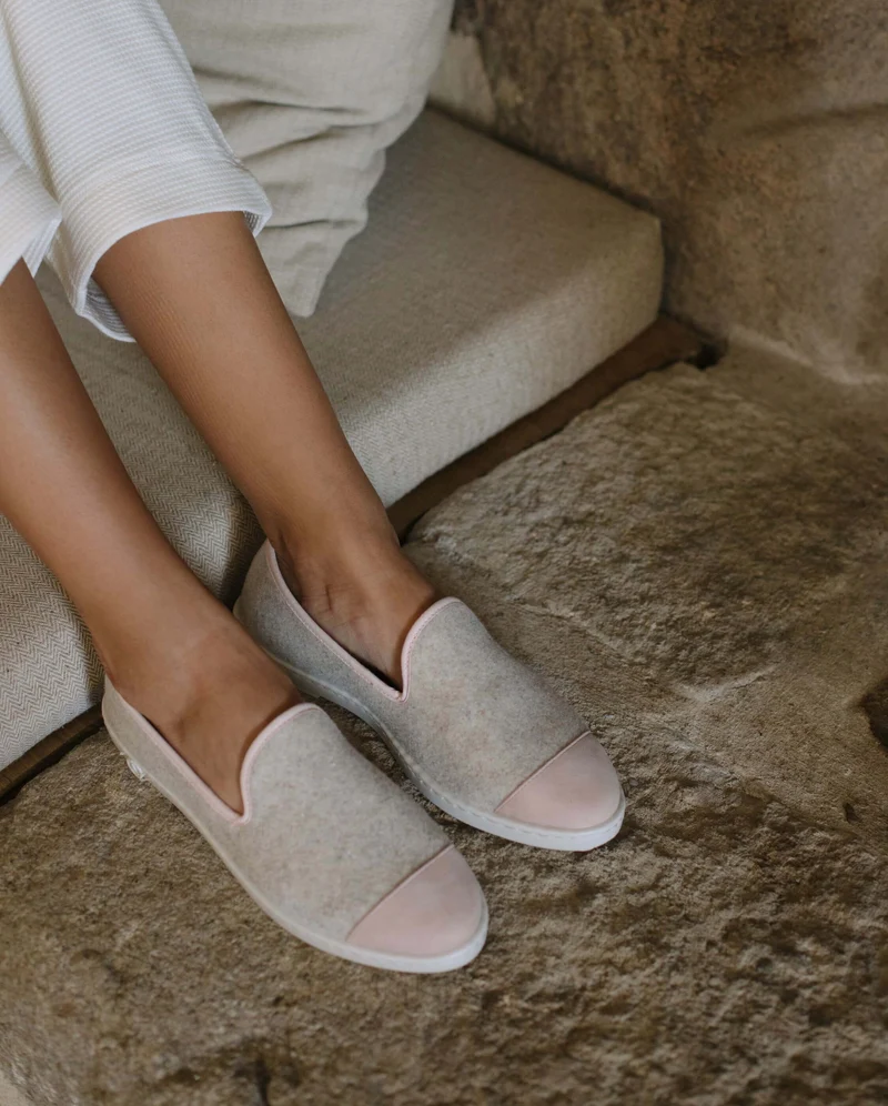 Chausson femme Bruson, laine beige rose poudré