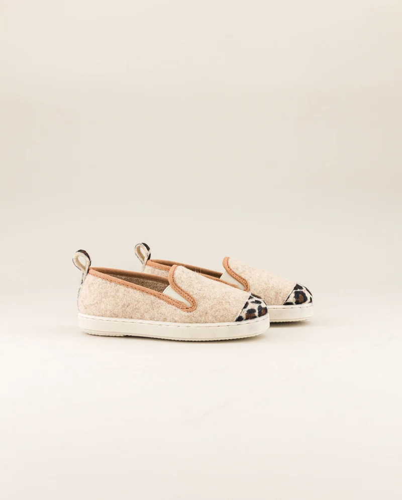 Chausson enfant Bruson, laine beige léopard